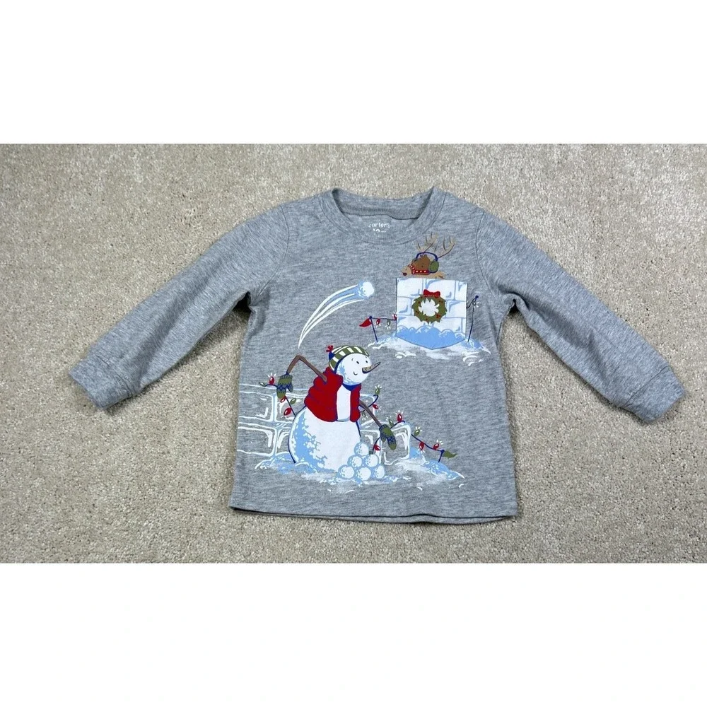 Carter'S Size 12 Month Grey Winter Long Sleeve Tshirt Snowman Lights Christmas